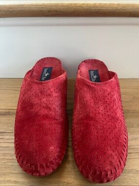 Perforated Red Suede Slip-On Mules - Classic Women’s Clogs